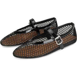 DOEYG Black Mesh Ballet Flats for Women Round Toe Mesh Ballerina Shoes Fishnet Flats Dressy Buckle Mary Jane Flats Comfortable Casual Summer Sandals US Size 10.5