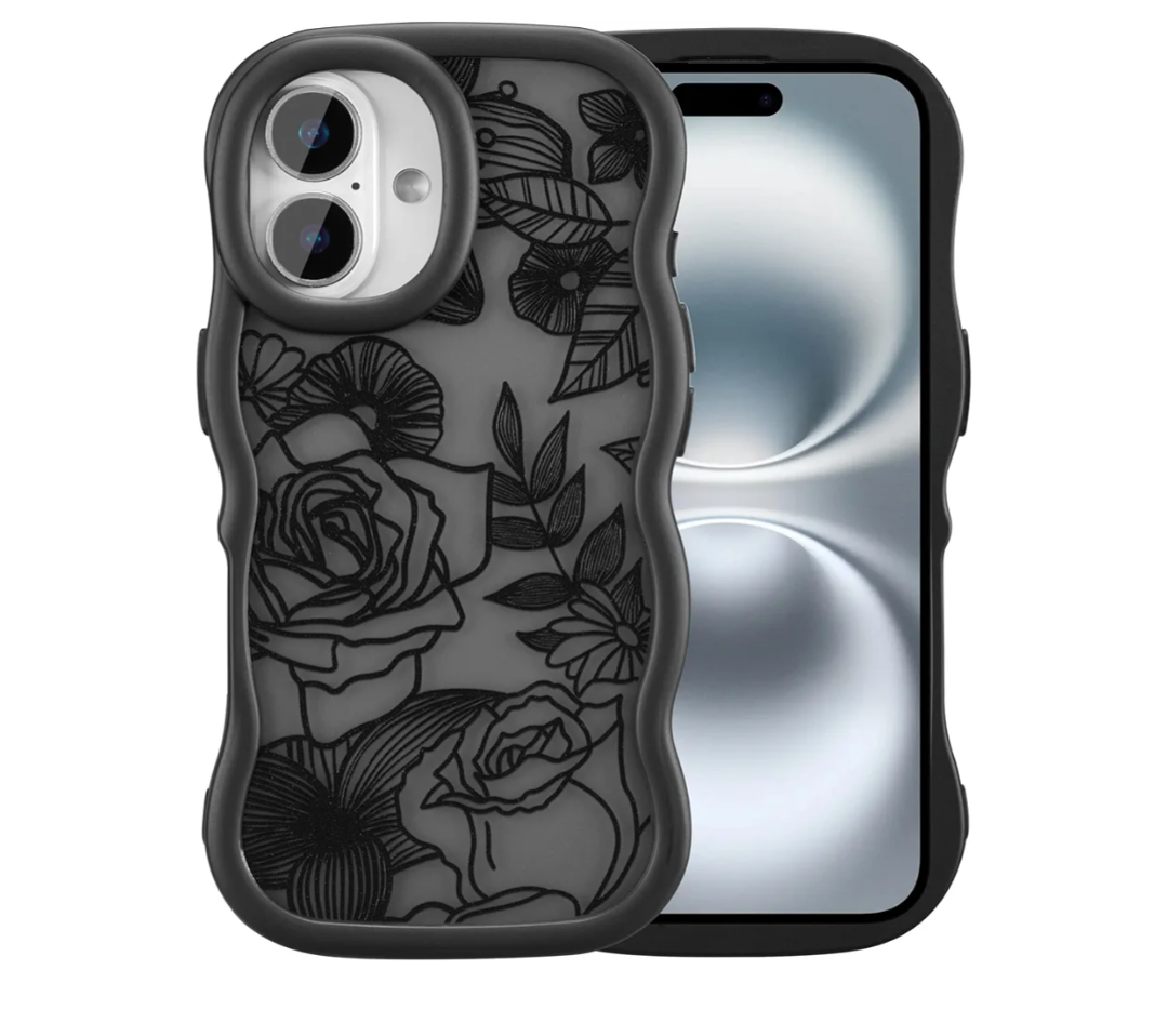 XIZYO for iPhone 16 Plus Case, Cute Wavy Floral Flower Rose Aesthetic, Curly Wave Frame Women Girls Matte TPU Bumper Shockproof Case, Matte Black