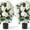 Faux Hydrangea Trees 30“ 2 Pack, Hydrangea Artificial Flower for Outdoor, UV Resistant Lifelike Potted Shrubs for Porch & Patio, Fake Plants for Wedding, Living Room Farmhouse (White)