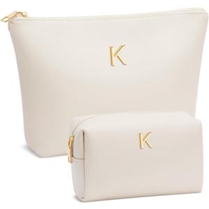Valentine's Day Gifts for Women Girlfriend Initial Makeup Bag for Teen Girls Personalized Gifts for Friend Teacher Mom Wife Cosmetic Travel Toiletry Bag(Beige,K)