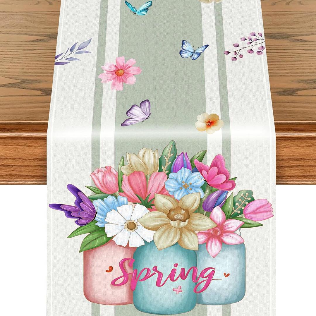 Spring Table Runner 72 Inches Long, Flower Vase & Butterfly Table Runner, Washable Wildflower Floral Spring Runner for Dining Table Decorations Home (Vase)