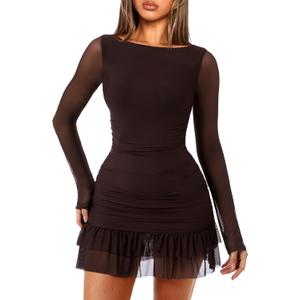 OZICERD Women Boat Neck Bodycon Mini Dresses Long Sleeve Going Out Dress Ruffle Mesh Short Elegant Club Cocktail Party Dress (Red, M)