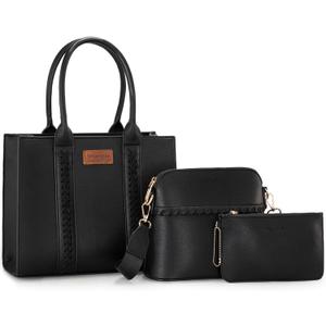 Wrangler 3Pcs Purses for Women Tote Bag Crossbody Handbag Sets with Strap (Black)