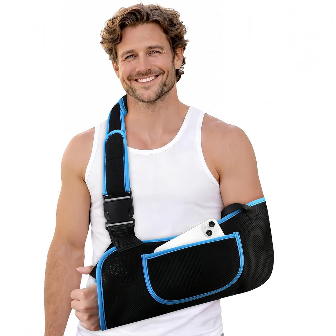 Arm Sling Shoulder Immobilizer for Men and Women, Adjustable Rotator Cuff Support Brace, Fit Left or Right, Comfortable Medical Slings for Elbow and Wrist Injury, Forearm Fracture, Surgery Recovery XL (14.516"), Black/Blue)