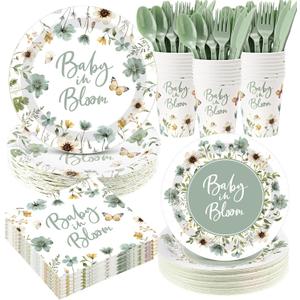 Funnymoom 400 Pcs Baby in Bloom Party Supplies for 50 Guests Green Floral Baby Shower Paper Plates and Napkins Knives Spoon Fork Cup Disposable Wildflower Dinner Party for Spring Greenery Favor
