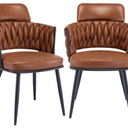BFZ Mid-Century Modern Dining Chairs - Set of 2, Faux Leather Upholstered with Woven Back, Metal Legs for Dining, Kitchen, Living Room, Whiskey Brown