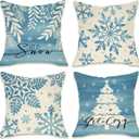 Fahrendom Winter Snowflake Decorative Throw Pillow Covers 18 x 18 Set of 4, Let It Snow Blue Christmas Tree Leaves Outdoor Pillowcase, Get Cozy Christmas Holiday Farmhouse Cushion Case Home Decor