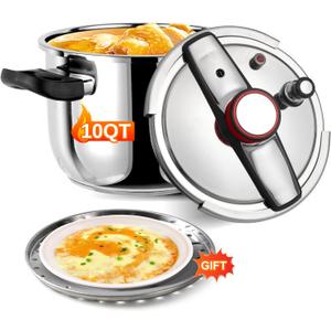 Pressure Cooker 10 QT, Stainess Steel Pressure Canner 10 Quart, Explosion-Proof Cookware, Rotating Lock/Unlock Lid, One-handed lid opening, Thickened Silicone Ring And Anti-scald Handle, Silver (10 Quarts)
