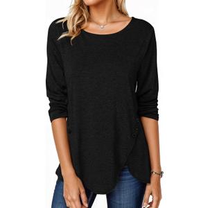 Fisoew Womens Casual Long Sleeve Tunic Tops Round Neck Shirt Button Side Basic Tees Wearring with Leggings (Black, L)