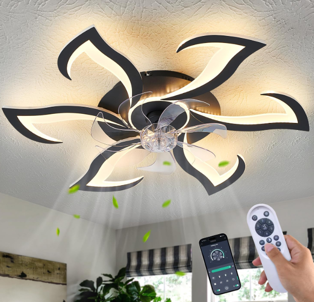 Yfrest Modern Ceiling Fan with Light and Remote, Low Profile Ceiling Fans with Lights, 32 Inch Black Flush Mount Ceiling Fan with 3 Light Color 6 Speeds, Fandelier Ceiling Fans for Kitchen Bedroom 