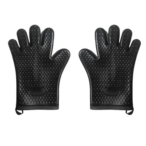 Heat Resistant Oven Mitts - 2 pcs Thermal Silicone Lined Kitchen Gloves, Waterproof & Non-Slip, 5-Finger Oven Mitts for Baking, Cooking, Grilling, Microwave, 11"x7.67"x0.39" (2,Black)