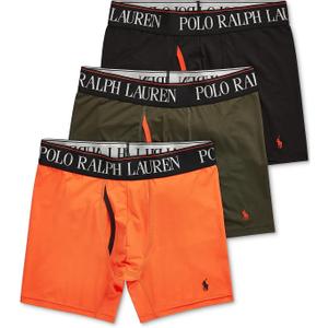 POLO RALPH LAUREN Men's 4D Flex Cooling Microfiber Boxer Briefs, Long Leg & Trunks, 3-Pack (L, Active Orange/Polo Black, Company Olive/Active Orange - 3 Pack)