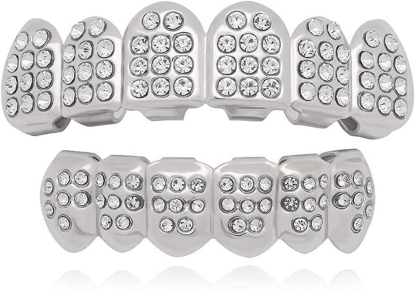 LuReen 14k Gold 6 Teeth Grillz Hip Hop Joker Diamond Top & Bottom Teeth Caps Grillz Set for Teeth Rapper Halloween Costume Cosplay (Silver)