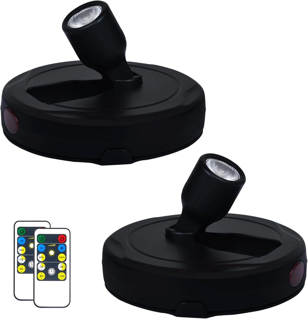 LED Spotlights, Battery Powered Picture Lights, Uplighting Indoor, Puck Light with Remote, Plant & Wall Art Display Dartboard Closet Spotlights, Black (2 Pack)