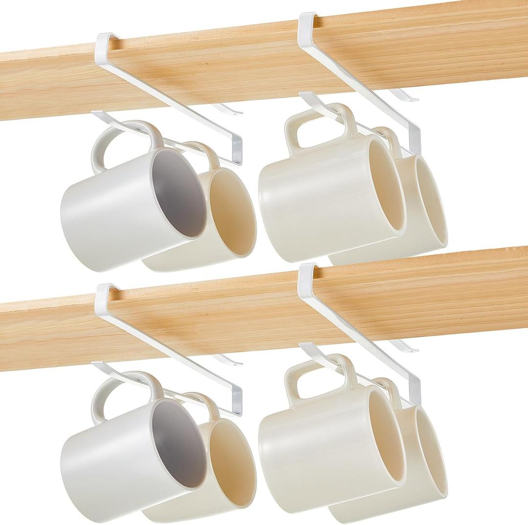 4 Pcs Coffee Mug Holder Under Cabinet, Clip-on Shelf Mug Holder Rack, Cup Organizer for Kitchen Cabinets, Coffee Cup Hanger for Bar Kitchen Utensils, Tumbler Lid, Fits Shelves up to 3/4"