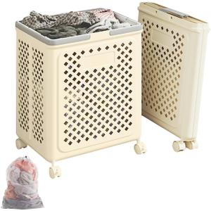 Plastic Laundry baskets,Folding Laundry Basket with Wheels,46L Laundry Basket on Wheels and Handles,Rolling Laundry Hamper With Laundry Bag,It is Easy to Move for Bathroom, Dorm,Laundry Room,Beige