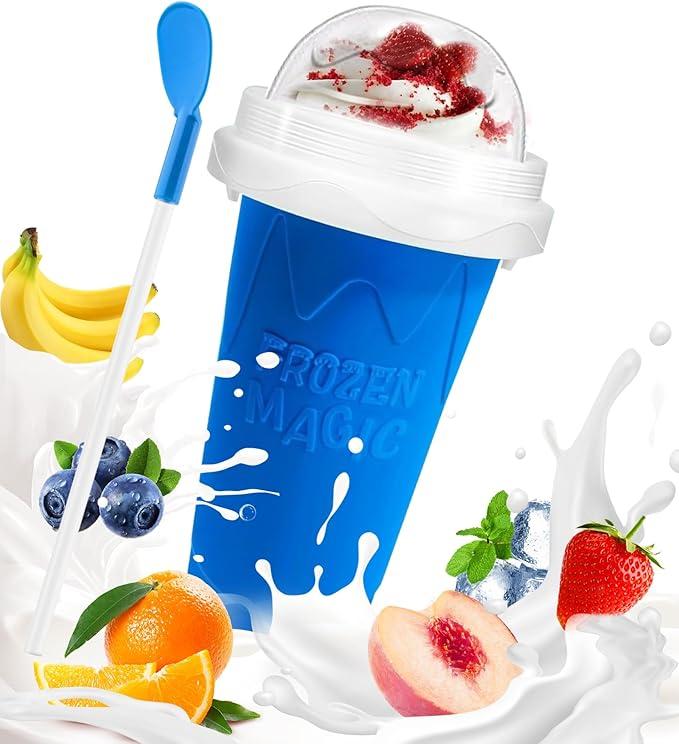 1 Pack Slushie Cup, Slushy Maker Cups, Magic Frozen Squeeze Cups for Ice Cream Juice Milk Yogurt, DIY Smoothie Cooling Cup with Lid and Straw for Kids Friends Family Blue