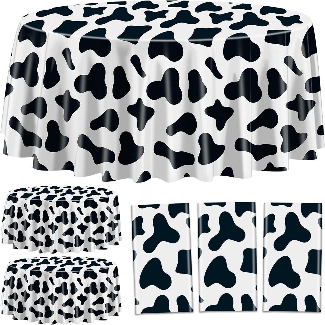 Cow Print Round Plastic Tablecloths, 3 Pack, 84 x 84 Inch, Black, Spill Resistant, Perfect for Cow Theme Party, Kid's Birthday, Baby Shower, Picnic, Farmhouse