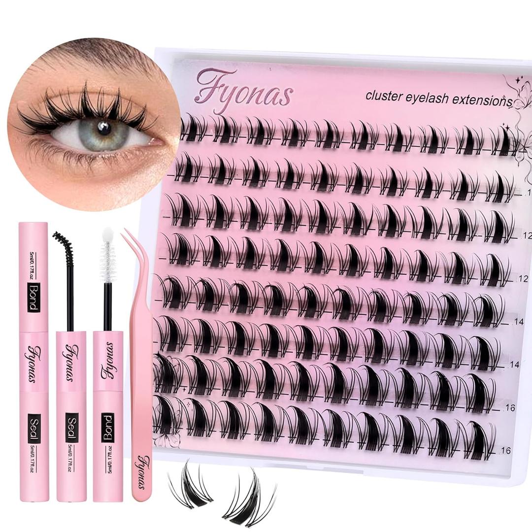 Manga Lash Clusters Kit Spiky Eyelash Clusters Wet Look Clear Band Lash Extension Kit C Curl Cluster Eyelash Extensions with Waterproof Lash Glue and Tweezers DIY at Home (Fairy Kit)