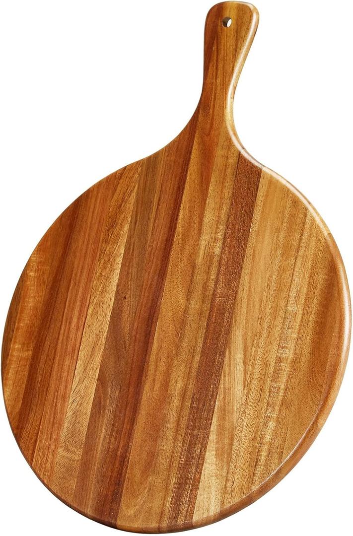 Acacia Wood Round Cutting Board with Handle - Wooden Charcuterie Board, Versatile Cutting Serving Board for Pizza, Bread, Cheese, Vegetables, and Kitchen Decor, 16"x12", 16.5"L x 11.8"W