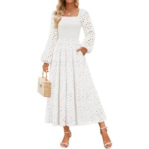 ZESICA Women's Spring Long Sleeve Maxi Dresses 2026 Square Neck Hollow Out Eyelet Smocked A Line Cocktail Party Dress (Medium, White)