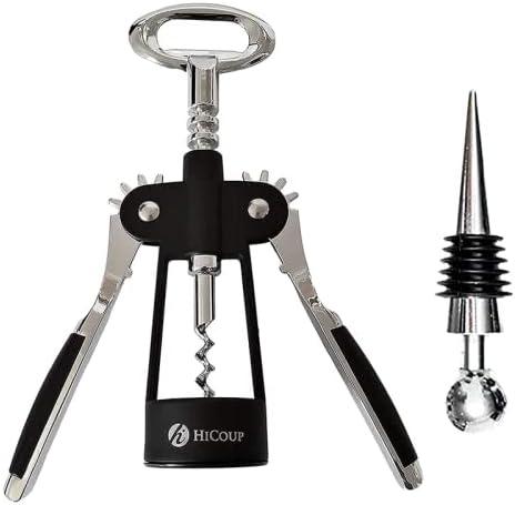 HiCoup Corkscrew Wine Opener - Ergonomic, Double Winged Beer and Wine Bottle Openers - Easy to Use, Stainless-Steel Corkscrews with Stopper & Gift Box - Kitchen Accessories - Matte Black