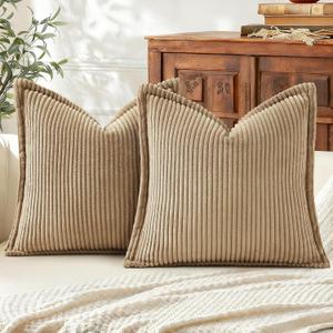 Mecatny Corduroy Summer Throw Pillow Covers 18x18 Set of 2, Neutral Decorative Soft Boho Couch Pillow Covers with Broadside for Sofa Living Room, Khaki