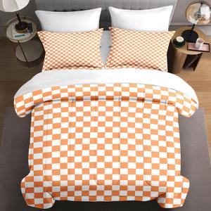 Checkered Plaid Dusty Orange Comforter Set 7 Pcs Queen Size Quilt, Minimalist Trendy Bauhaus Checkerboard Grid Soft Bedding Set with Flat Fitted Sheet Pillowcases Sham for Adults Bedroom Bed Decor
