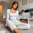 Women Sexy Square Neck Thong Bodysuit Long Sleeves Double Lined Tank Tops Body Suits Outfits for Going Out (Small)