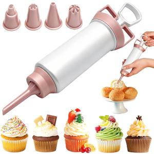 Suuker Cake Decorating Gun, Cupcake Icing Piping Kit, Cake Decorating Kit with 5 Piping Tips, Cupcake Injector/Decorating Icing Set, Pink