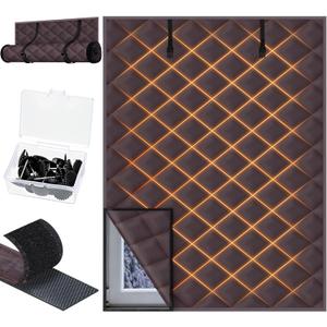 2 Pcs 63 x 39 Inches Window Insulation Curtain Kit Winter Thermal Window Cover with Fastener Oxford Cloth 2 Layer Thick Cotton Filled Loop Strips Insulation Kit for Keeping Warm (Brown)