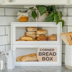 Corner Bread Box for Kitchen Countertop - New 2025 Airtight Design - Extra Large, Double Layer White Breadbox, Vintage Storage for Homemade Bread, Under Cabinet Organizer