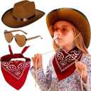 JeVenis Brown Cowgirl Hat Girls Cowboy Hat Western Cowgirl Hat Bandana heart shape Sunglasses for Birthday Party