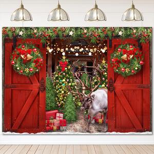 Mocsicka Reindeer Christmas Backdrop Rustic Red Barn Christmas Photo Backdrop Reindeer Xmas Winter Holiday Party Decorations Photo Booth Prop (7x5ft)