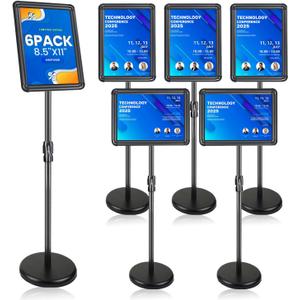 Sign Holder Stand with Rounded Safety Corners, Adjustable 31" to 52" Sign Stand Heavy Duty Floor Standing Poster Holder, Water/Sand Fillable Base for Storefront & Indoor Use, Anti-Glare Display for Signs (Black, 8.5*11 - 6 Pack)