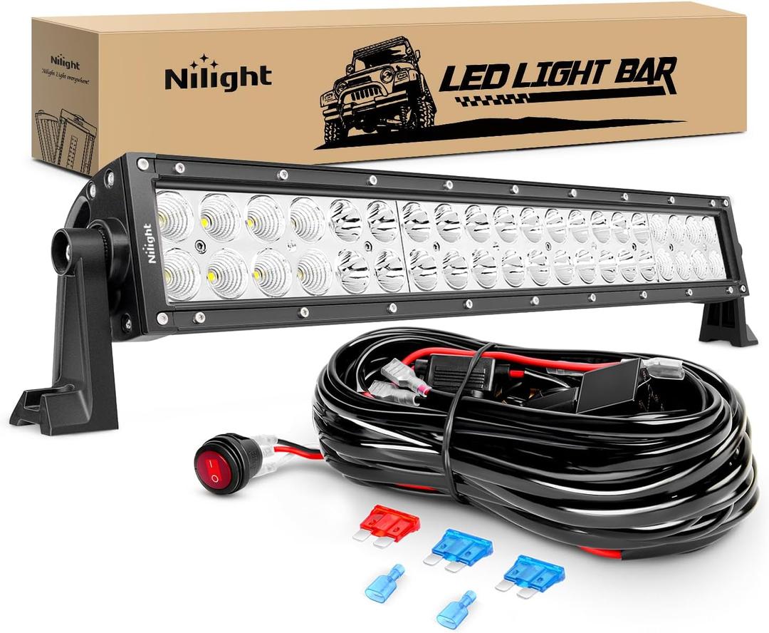 Nilight LED Light Bar 22Inch 120W Spot Flood Combo Off Road Lights Driving Fog Pods with 16AWG Wiring Harness Kit-1 Lead for Van Camper Car Pickup Golf Cart ATV UTV SUV Truck Boat 4x4
