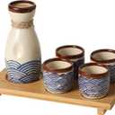 Ceramic Sake Set 5pcs Japanese Traditional Sake Set with 1 Sake Pot 4 Sake Cups Japanese Saki Cup Tokkuri Bottle Ochoko Carafe Soju Home Decoration Gift with Serving Bamboo Tray Wavy Pattern