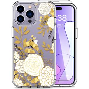 LUHOURI for iPhone 15 Pro Case with Screen Protector - Crystal Acrylic Clear - Fashionable Designs for Women and Girls - Slim Fit Shockproof Protective Phone Cover 6.1", Champagne Floral Flower