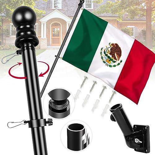 Mexico Flag with Poles for Outside House, 6ft Aluminum No Tangle Spinning Flag Pole, 180° Multi- Position Mounting Bracket, 3x5 ft Nylon Mexican Flag, Wind Resistant Rust Free Kit (Black)