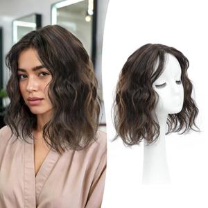 UDU Short Wavy Hair Topper for Women, 11Inch Lightweight & Breathable Synthetic Wiglet for Volume and Gray Hair Coverage, Heat Resistant Natural Hairpiece for Summer Look (Dark Brown with Highlights)