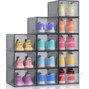 Kitsure Thicker & Sturdier Shoe Boxes - 12 Pack Black Clear Plastic Foldable Storage Organizer with Magnetic Door, Reinforced Heavy-Duty Design for Sneakers, Toiletries & Accessories, 13.2"x9.8"x7.3"