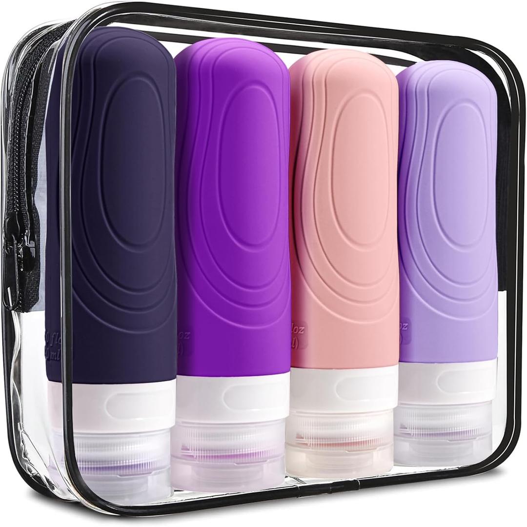 GLAMFIELDS Travel Bottles for Toiletries TSA Approved, 3oz Size Leak Proof Silicone Travel Containers for Shampoo, Lotion, Easy to Squeeze Portable, Essentials for Traveling (4 Pack) Purple