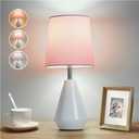Small Bedside Table Lamp for Bedroom - Reading Desk Lamp with 3 Color Temperatures15.5" Nightstand Ceramic Lamp with Fabric Shade for Kids Room,Living Room,Dorm,Home Office (White+Pink