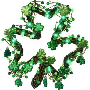 St. Patricks Day Wreath Decorations,Shamrocks Wreath for Front Door,Green Glitter Leaves Wreath, St. Patrick's Day Decor for Spring Outdoor Home Wall Window