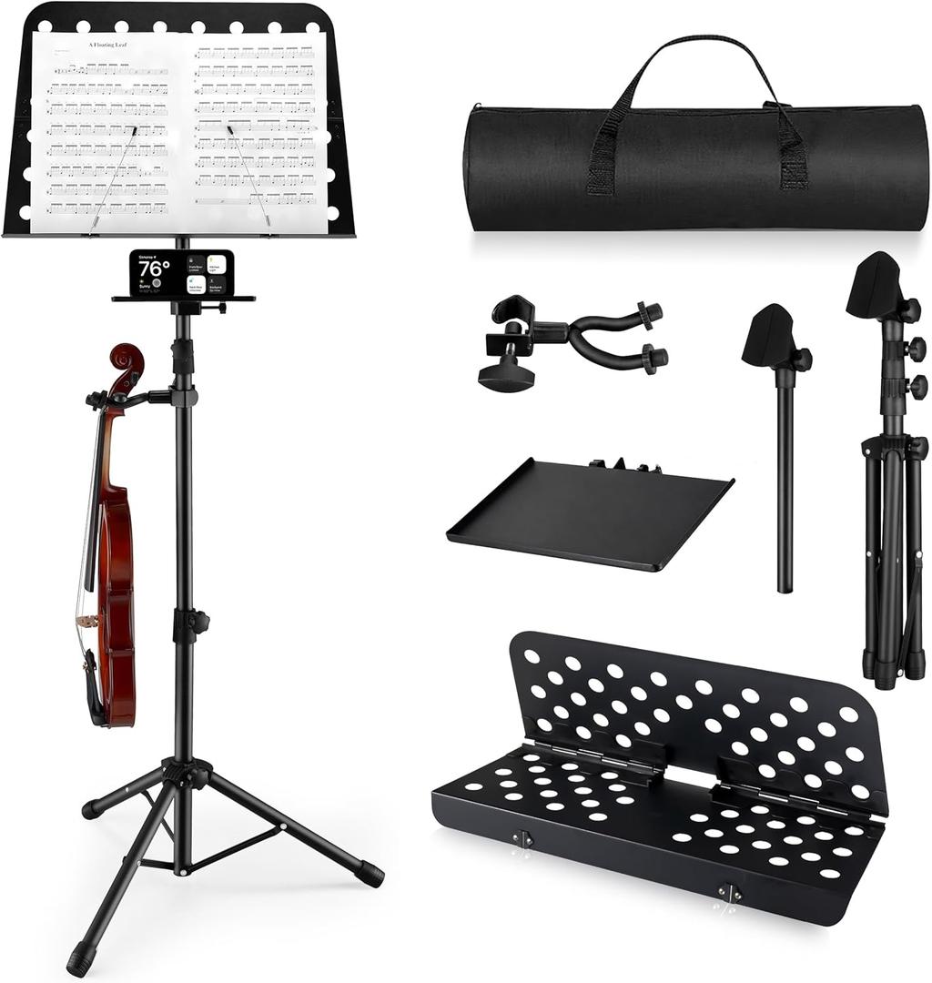Vangoa Music Stand, Professional Portable Music Stand for Sheet Music with Violin Hanger, Folding Sheet Music Folder Music Instrument Stand with Carrying Bag, MD-3