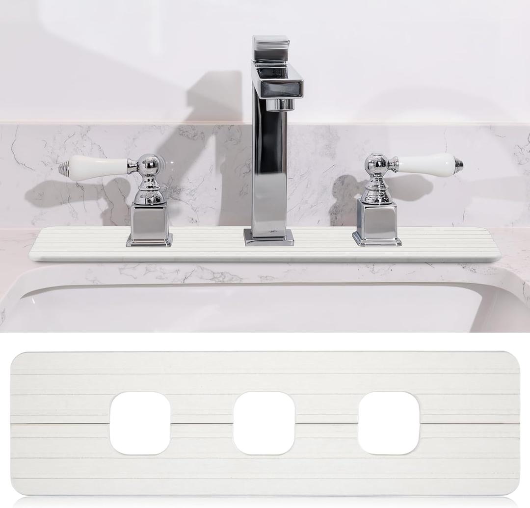 Teenyyou 3 Square Hole White Faucet Mat for Kitchen Sink Bathroom 16.14" x 4.49" Kitchen Faucet Absorbent Mat Diatomite Splash Guard Quick Drying Stone Drip Catcher Hole 1.97" Holes Spaced About 1.97"