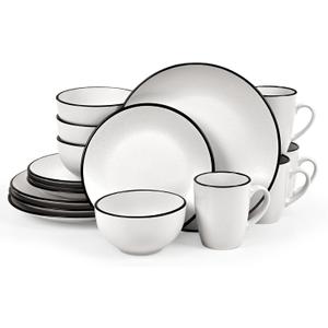 Homlouue Dinnerware Sets, 16 Pieces Stoneware Dinnerware Set, Service for 4 (16pcs), Plates Bowls and Mugs Set, Dinnerware Sets for 4, White with Black Rim