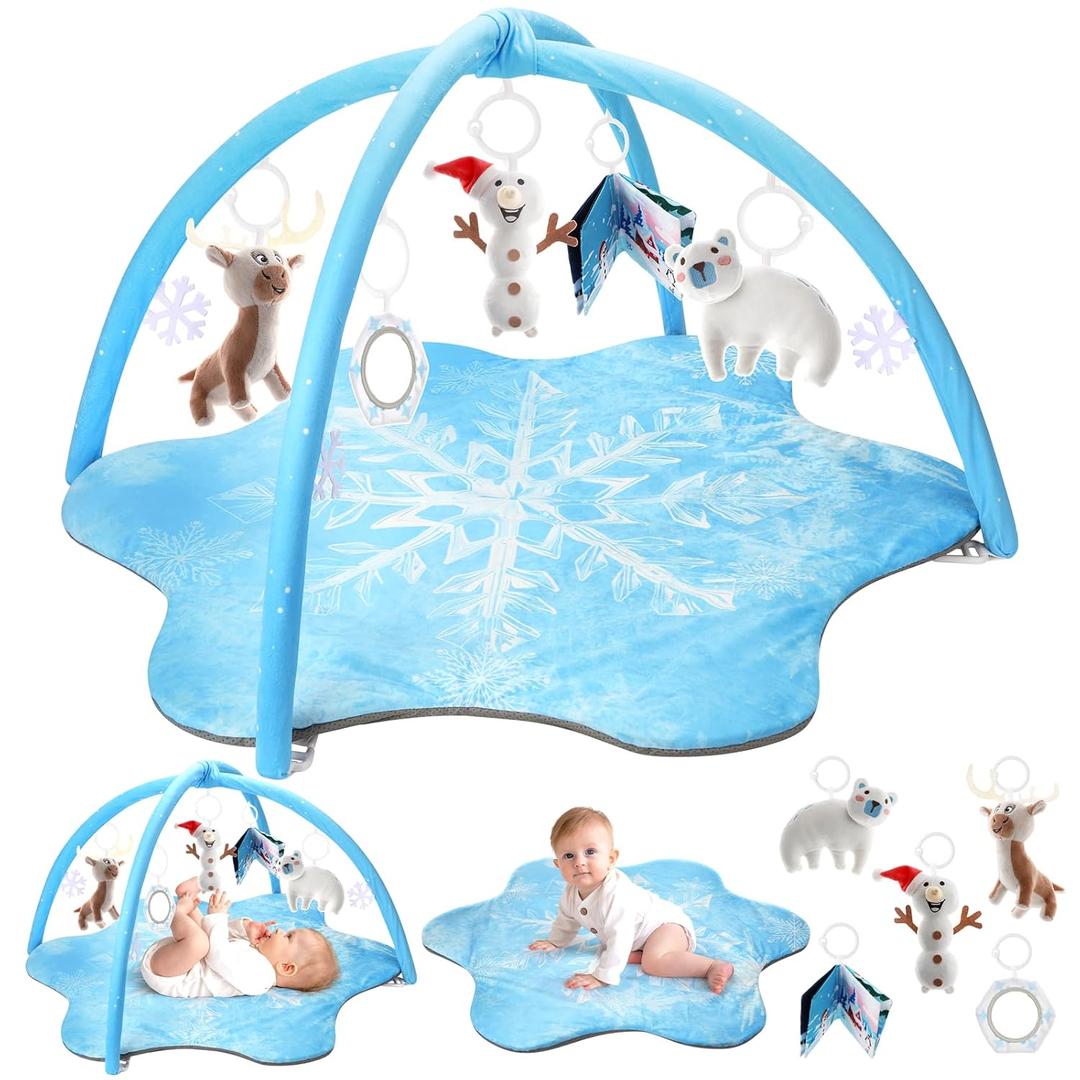 Oversize Tummy Time Baby Play Mat with 5 Sensory Toys, Winter-Themed Development Mat for Newborn to 18 Months, White (Blue)