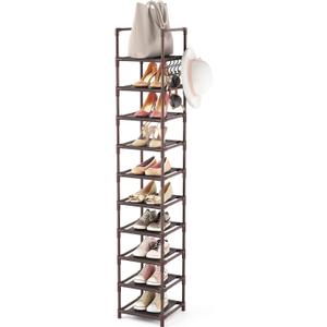 LANTEFUL Tall Shoe Rack 10-Tier Narrow Shoe Shelf Storage for 10-15 Pairs Shoe and Boot, Sturdy Shoe Storage Space Saving Corner Shoe Rack Organizer for Closet, Entryway, Living Room, Brown