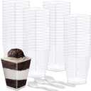 Oasis Creations Square Dessert Cup - 5.5 ounce - 50 Count - Spoons Included - Clear Plastic - Large Appetizer Cup -Tall Dessert Cup-Tasting Cup- Parfait Cup-Disposable or Reusable